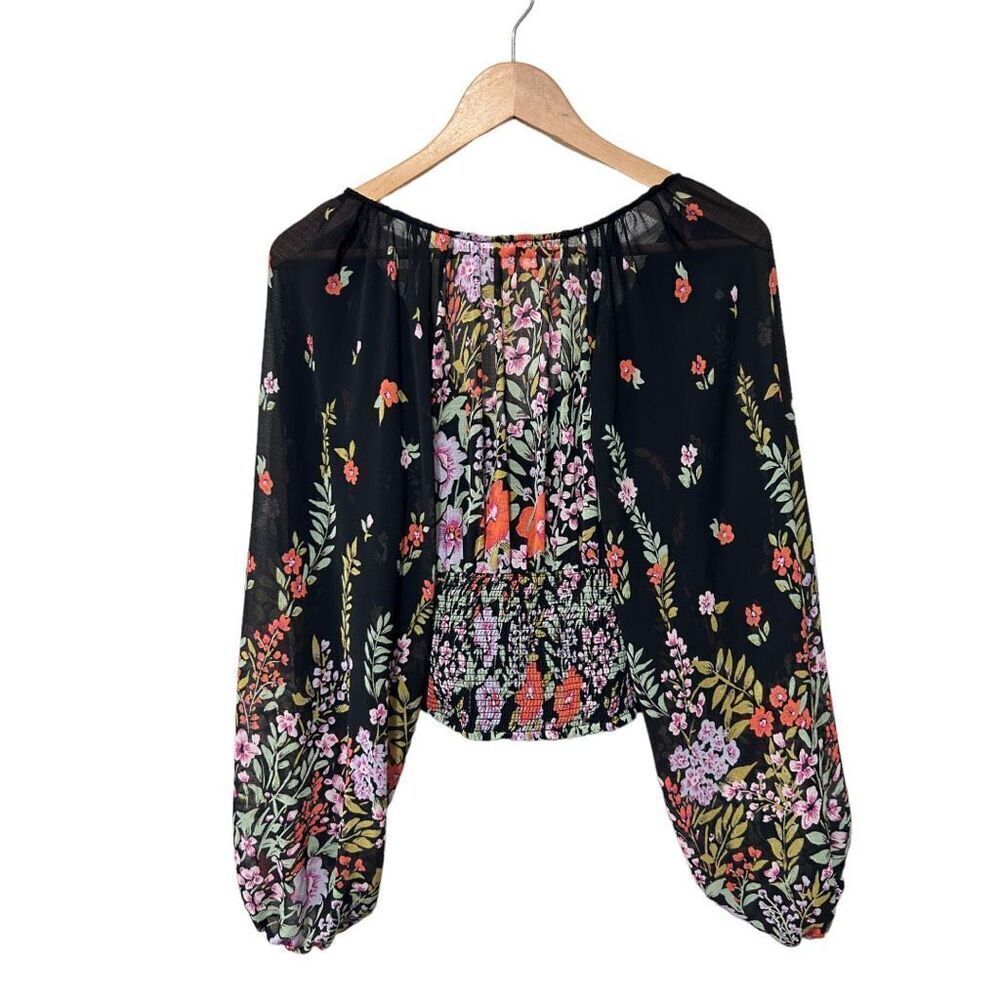 Free People Final Rose Floral Lined V Neck Balloon Sleeve Ruched Blouse Black XS